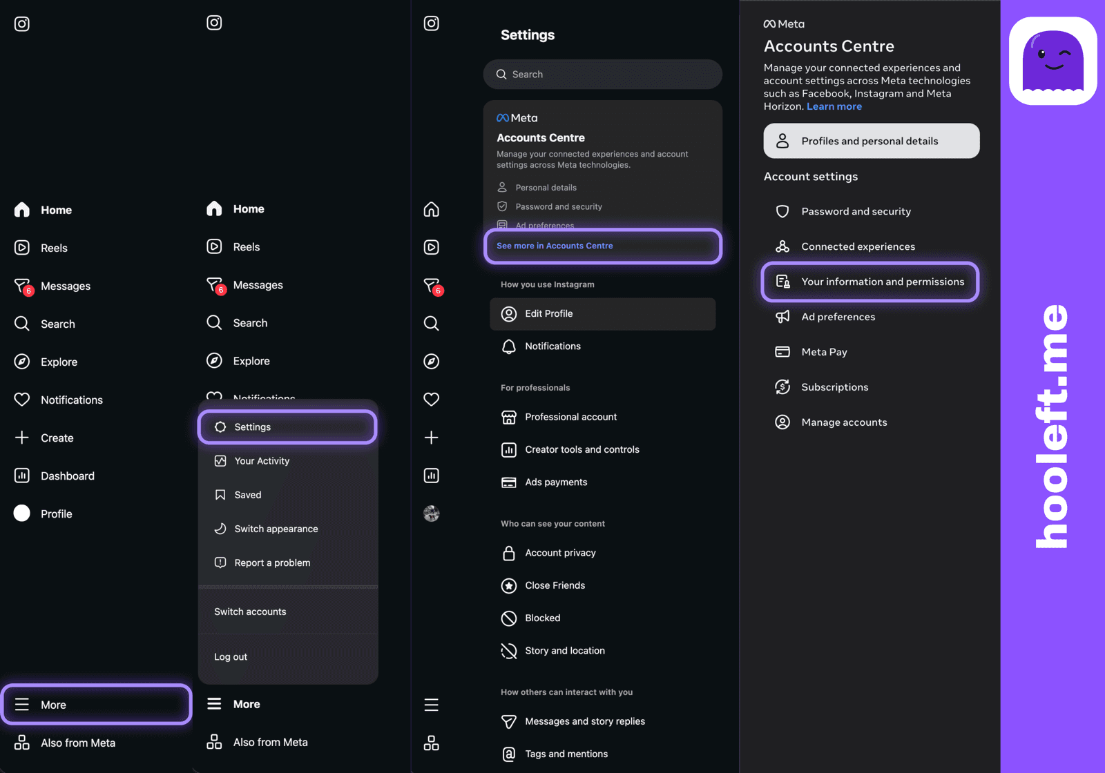 Instagram settings on the web with the Accounts Centre link highlighted in the left sidebar