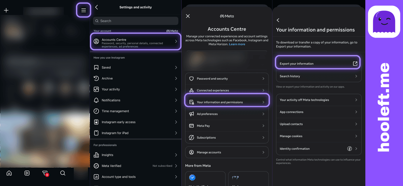 Instagram profile screen in the app with the hamburger menu and Accounts Centre entry highlighted
