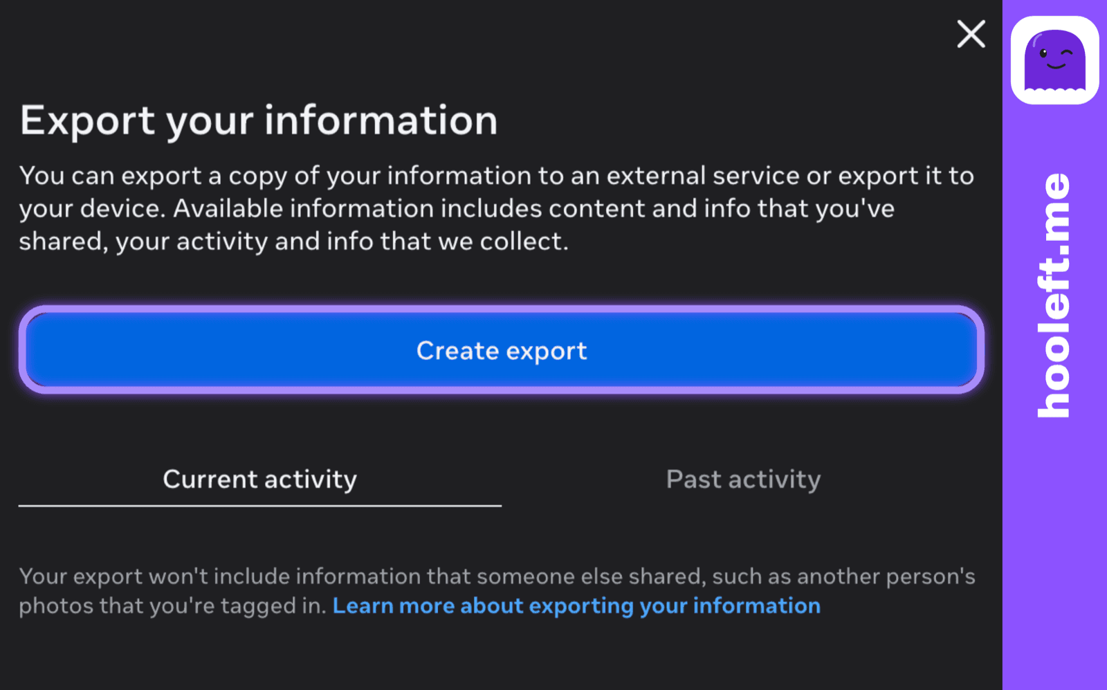 The Export your information dialog with the Create export button highlighted