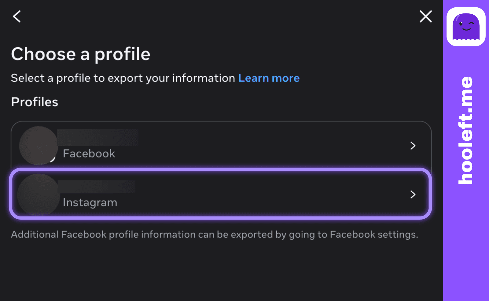 The Choose a profile dialog with the Instagram account option highlighted