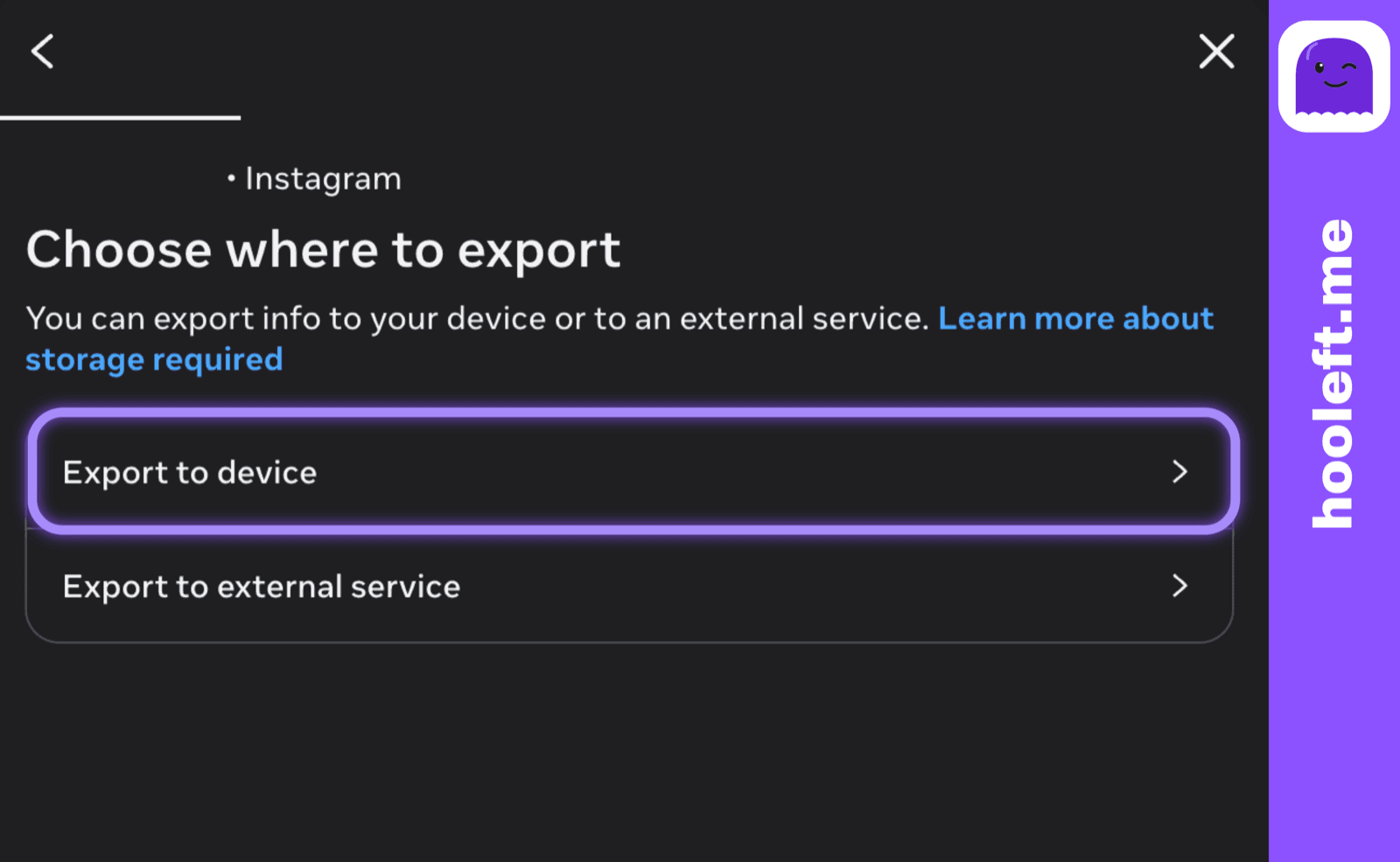 The Choose where to export dialog with the Export to device option highlighted