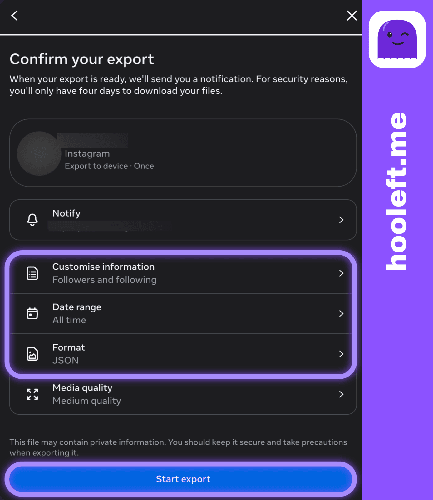 The Confirm your export dialog with the Customise information, Date range and Format settings highlighted