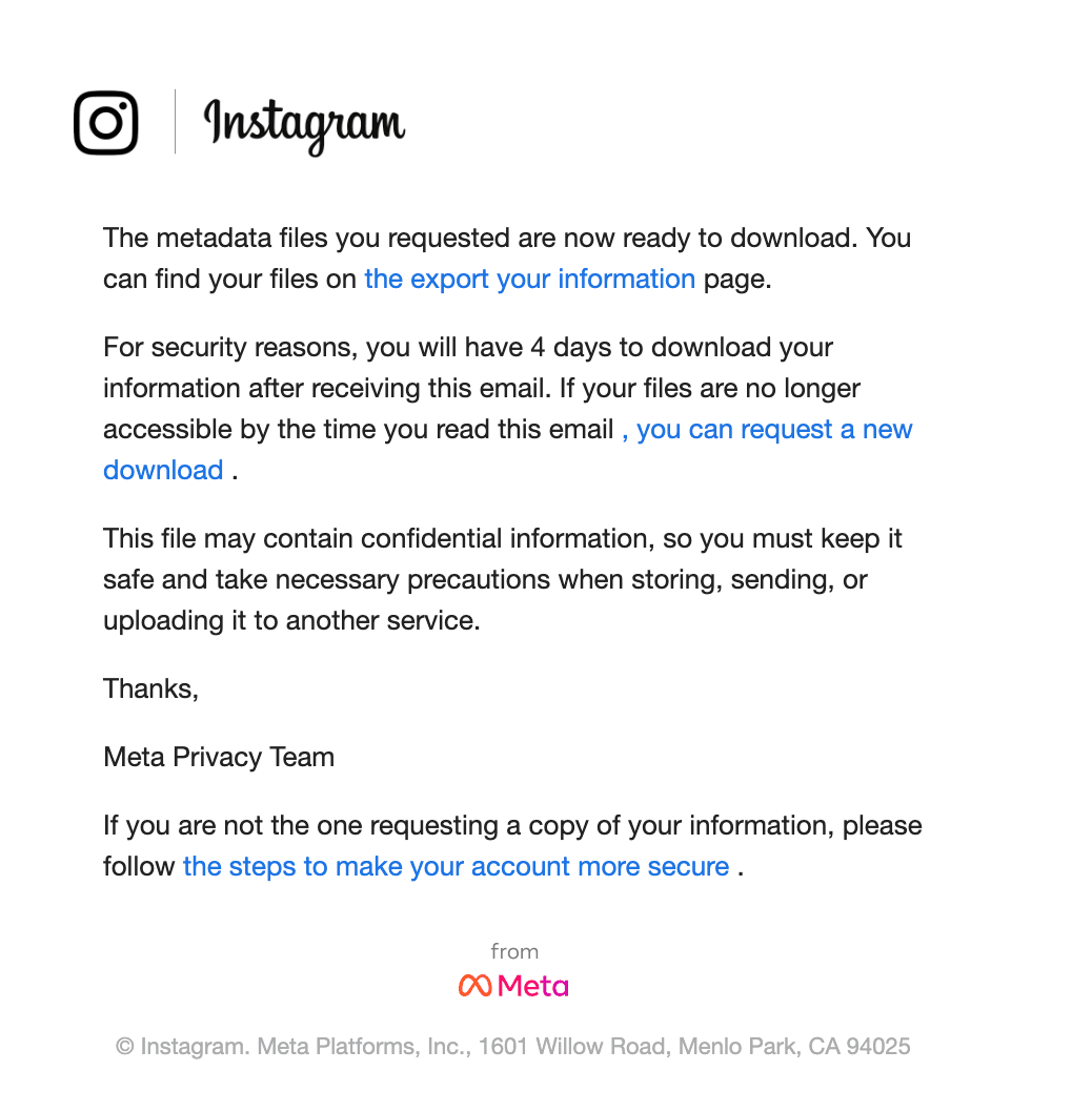 The Instagram email from the Meta Privacy Team saying the requested files are ready to download