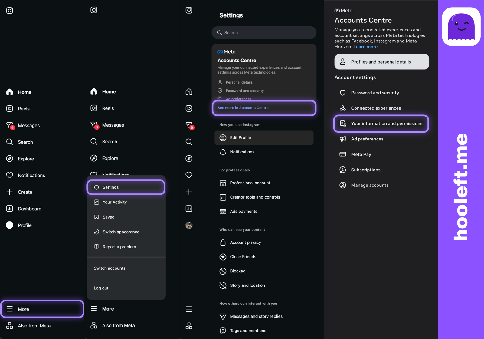 Instagram desktop Settings page with the Accounts Centre link highlighted in the left sidebar