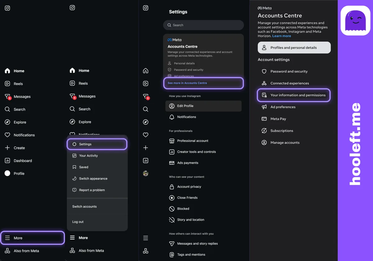 Instagram settings on the web with the Accounts Centre link highlighted in the left sidebar
