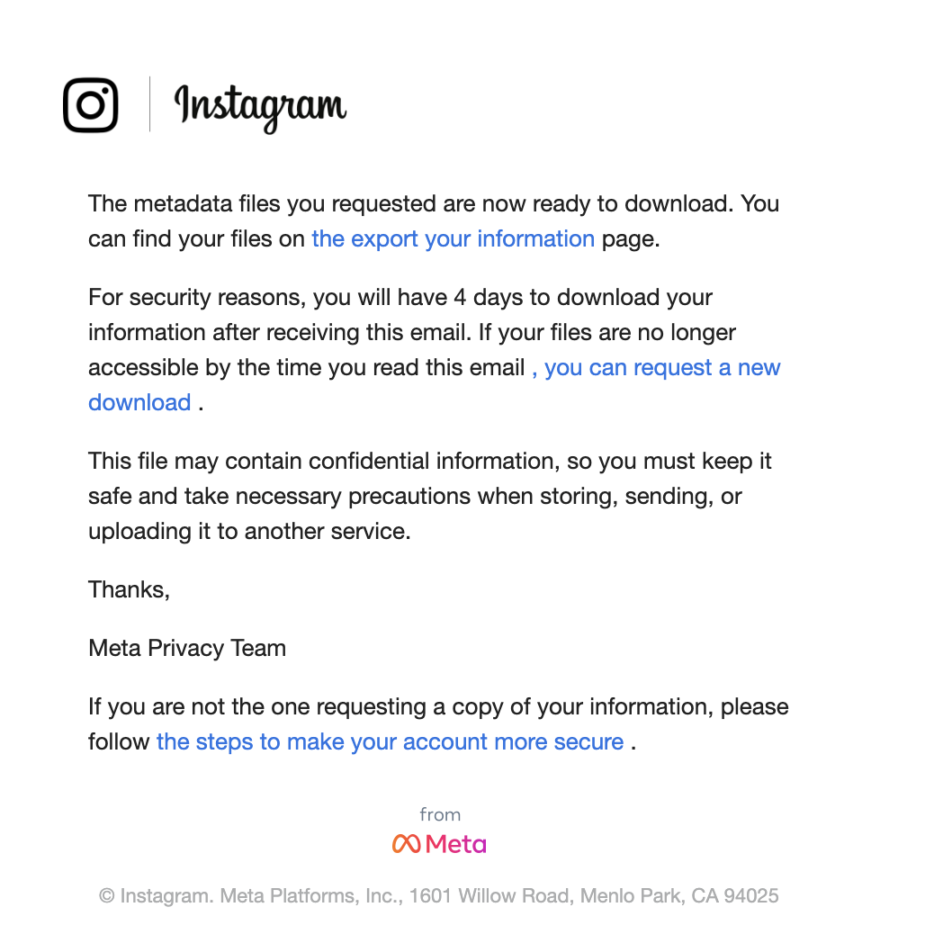 Sample Meta email confirming the Instagram data export is ready, with a Download information button